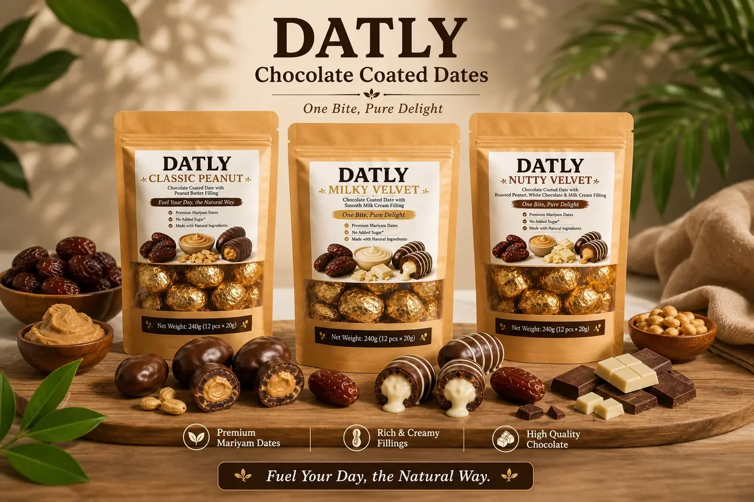 DATLY chocolate coated dates — Classic Peanut, Milky Velvet and Nutty Velvet flavors, premium Bangladeshi snack packs