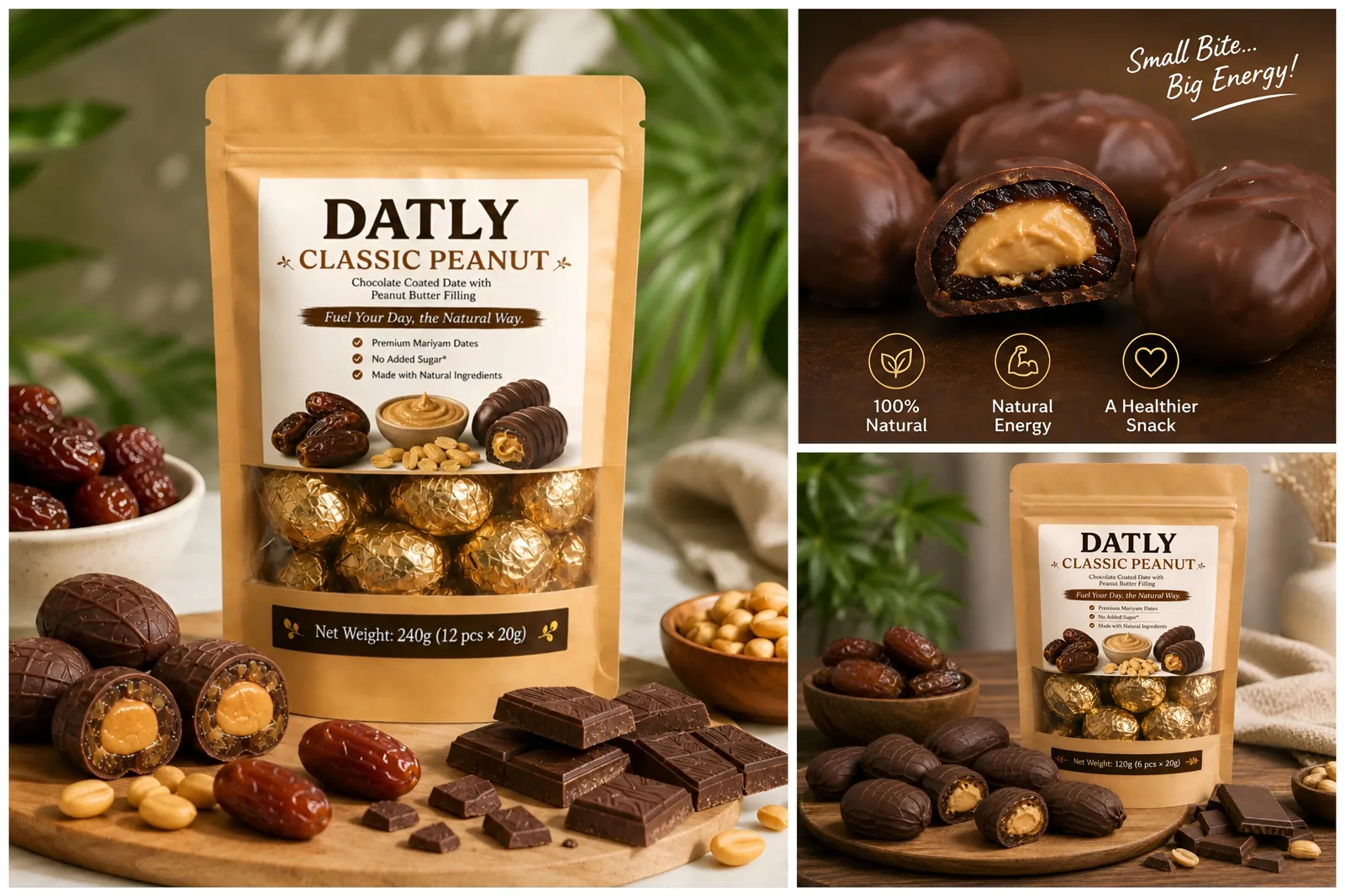 DATLY Classic Peanut chocolate coated dates with peanut butter filling, shown with dates, peanuts and chocolate