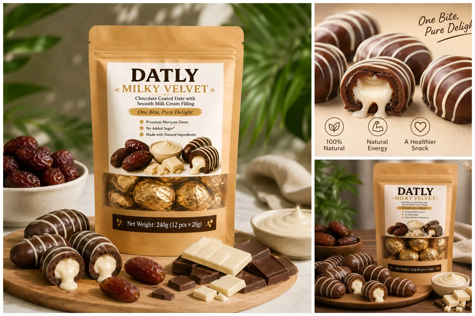 DATLY Milky Velvet chocolate coated dates with smooth milk cream filling and white chocolate