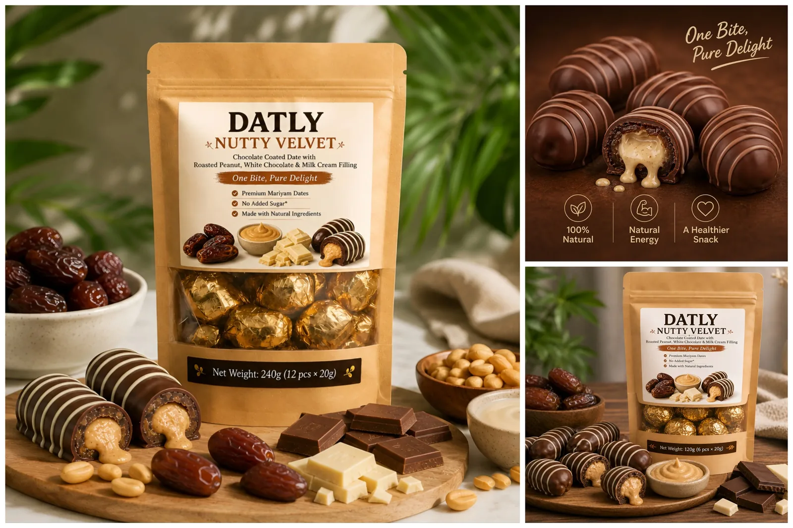 DATLY Nutty Velvet chocolate coated dates with roasted peanut, white chocolate and milk cream filling